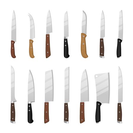 Cartoon kitchen knives. Isolated chef cook drawing knife set, butcher knifes tools vector illustration isolated on white backgroundのイラスト素材