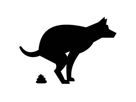 Poop dog silhouette. Dog pooping vector sign for warning symbol, black dogs poo pictogram isolated on white backgroundのイラスト素材