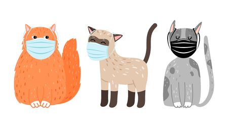 Cats in protective masks. Cute cartoon pets protection of viruses. Coronavirus kittenn prevention vector illustrationのイラスト素材