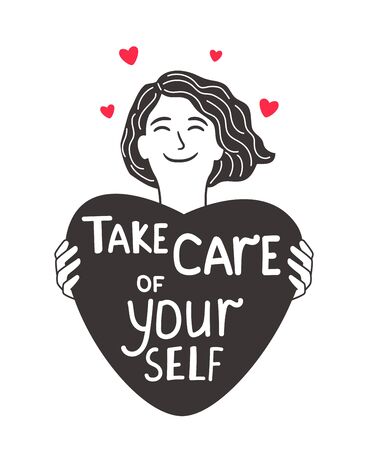 Care about self girl. Young woman empowered caring your self vector drawing, she holding heart with lettering quote, vector illustrationのイラスト素材