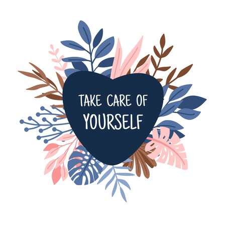 Take care heart. Lovely and caring illustration, vector logo take care of yourself, heart on decorative branches isolated on white backgroundのイラスト素材