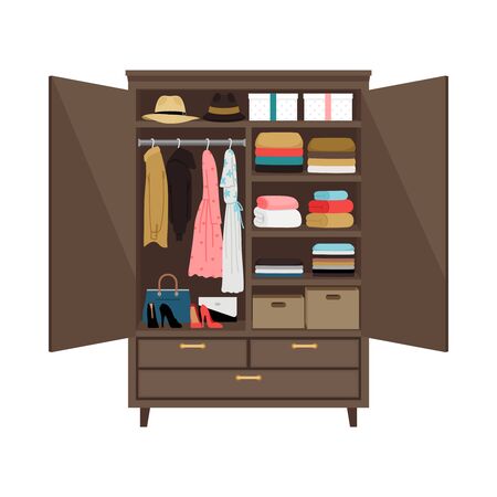 Open wardrobe. Vector illustration wooden wardrobe on white background with drawer design clothes, inside closet stand fashion, shoes standing and shelf for hatsのイラスト素材