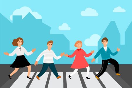 Children on crossroad. Traffic rules, group joyful kids cross road vector illustrationのイラスト素材