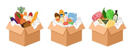 Food boxes. Christmas donations, different cardboard packaging from grocery store with cheese meat vegetables vector illustrationのイラスト素材
