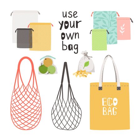 Zero waste items. Concept lifestyle to using own bag, cotton bags and string bags is durable and reusable eco friendly items without plastic, vector illustration isolated on white backgroundのイラスト素材