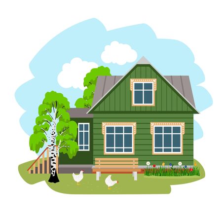 Summer house in village. Farm in the countryside, cartoon place of rest on nature in russian style, vector illustration of rural rustic housing for vacation isolated on whiteのイラスト素材