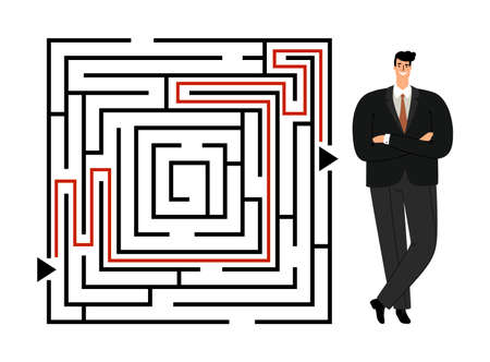 Successful businessman. Complicated way metaphor, go through labyrinth or maze and find exit. Boss or teamleader vector illustrationのイラスト素材