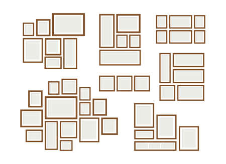 Photo frame collages. Decorative image exhibition, blank frames mockups. Family gallery, wall decorations vector illustrationのイラスト素材