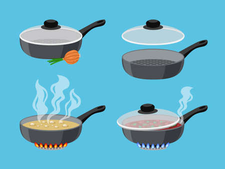 Cartoon cooking pans. Objects for kitchen on flaming gas burner, boiling food in pots, vector illustration of pans on stove with fire isolated on blue backgroundのイラスト素材