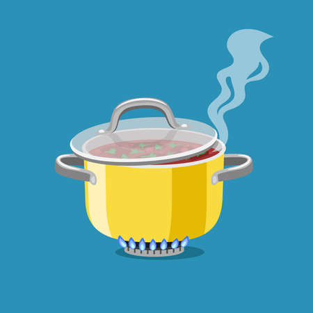 Saucepan on burner. Cartoon steel cooking pot with boiling soup, flaming gas burner heats kitchen cookware pan, vector illustration concept of home dinner isolated on blue backgrounのイラスト素材
