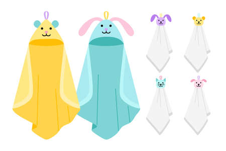Funny animals kids towels. Childish cartoon cute hanging fabric for bath with animal faces, baby towels of cotton for spa or kitchen, childly cleaning items vector illustration on wのイラスト素材