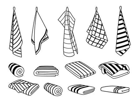 Towels for kitchen icons. Hand drawn cute clean items for drying, cartoon hanging and stacked towel set, vector illustration rolls of textile fabric isolated on white backgroundのイラスト素材
