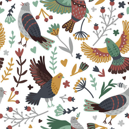 Birds and forest elements seamless pattern. Hand drawn branches with leaves and berries around cute bird set, vector illustration of flying fowls with wings isolated on white backgrのイラスト素材