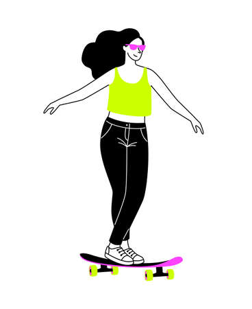 Skateboarding on streets. Cartoon young girl on longboard, concept of outdoors active on board, vector illustration of extreme urban sport isolated on white backgroundのイラスト素材