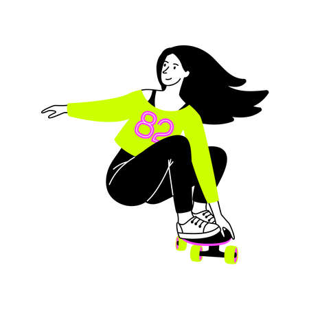 Female on longboard. Cartoon girl on cool skateboard, concept of training for sport tricks, vector illustration teenage outdoors entertaining activity isolated on white backgroundのイラスト素材