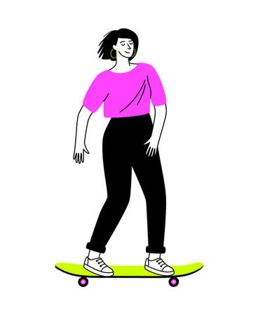 Outdoors activity on longboard. Cartoon happy young girl on cool skateboard, concept of urban sport, vector illustration of teenage skateboarding isolated on white backgroundのイラスト素材