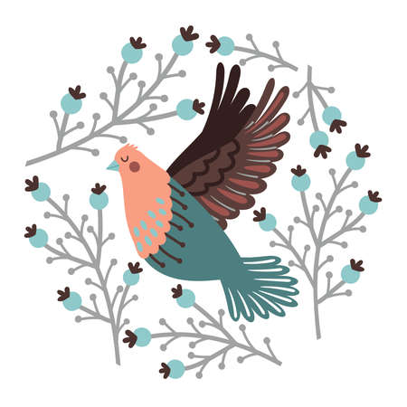 Bird and winter berry set. Hand drawn cute bird and elements of forest, vector illustration of branches around flying fowl with wings isolated on white backgroundのイラスト素材