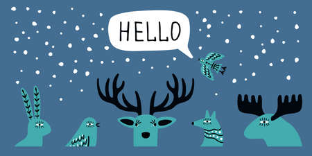 Scandi winter banner. Hello poster, doodle wild animal heads and birds, snowfall vector illustrationのイラスト素材