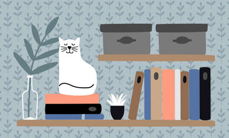 Cat on book shelf. Clever animal, pet and books. Reading cozy concept, home workplace vector illustrationのイラスト素材