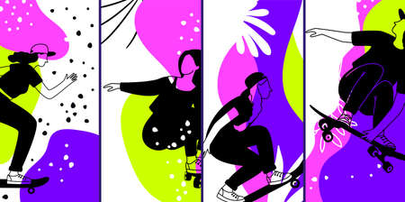 Skateboarding characters. Neon banners, contemporary urban style girls flyers. Modern decorative cards vector designのイラスト素材