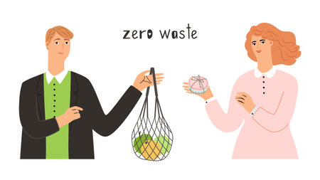 Use zero waste goods. Man hold textile bag, woman with hand made soap. Safety products, eco vector conceptのイラスト素材