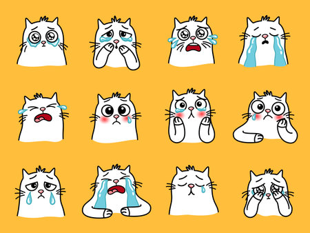 Sad cats emoji. Cartoon home animals with big eyes, cute emotions of loving pets, vector illustration of crying cat set isolated on yellow backgroundのイラスト素材