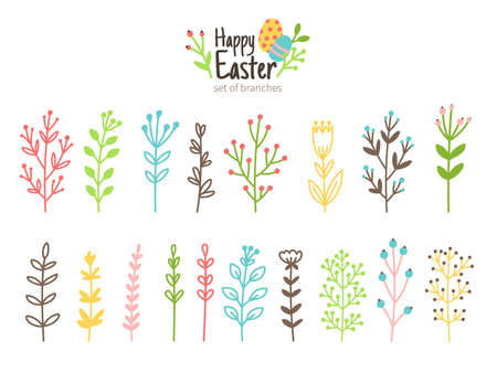 Blooming easter branches. Cartoon beautiful symbols of nature, vector illustration of romantic decoration elements for celebration spring holiday isolated on white backgroundのイラスト素材
