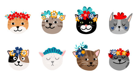 Cats in flower wreathsのイラスト素材
