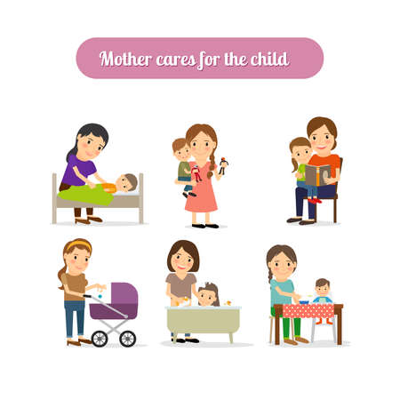 Mother cares for the child characters set. Vector illustrationのイラスト素材