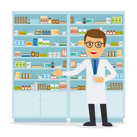 Male pharmacist in a pharmacy opposite the shelves with medicines. Health care. Vector illustrationのイラスト素材