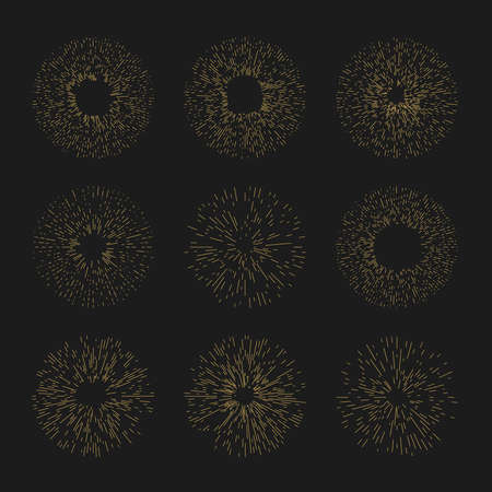 Hand drawn vintage sunburst set. Vector line explosions or thin line dotted sunburstsのイラスト素材