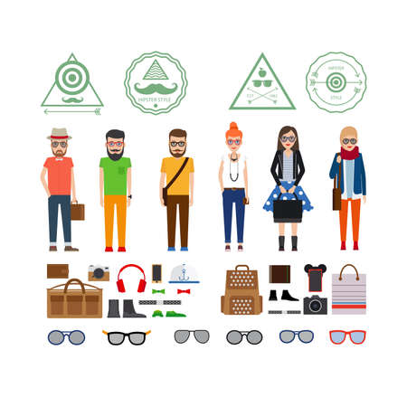 Hipster girls and boys cartoon icons with accessories. Vector illustrationのイラスト素材
