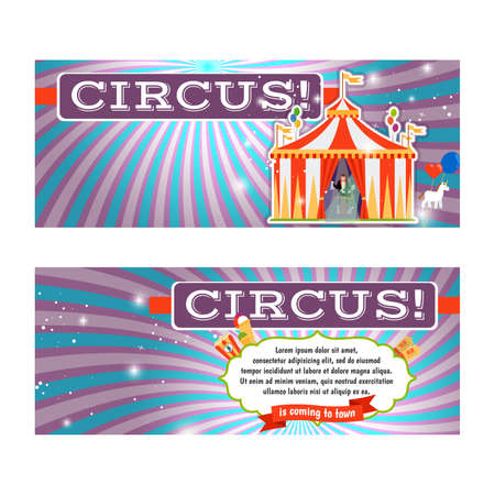 Vintage circus banner template with red and white stripped tent. vector illustrationのイラスト素材