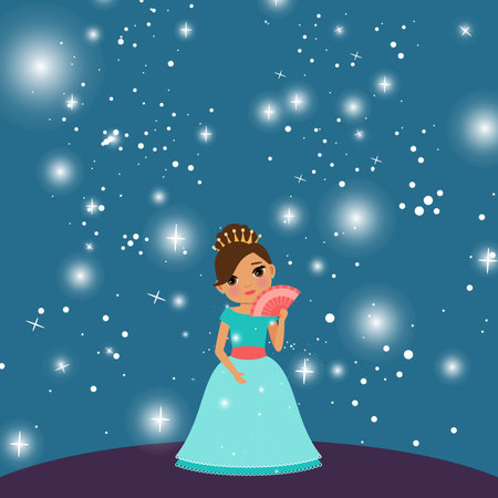 cartoon Beautiful princess with lights on the dark blue background. Vector illustrationのイラスト素材