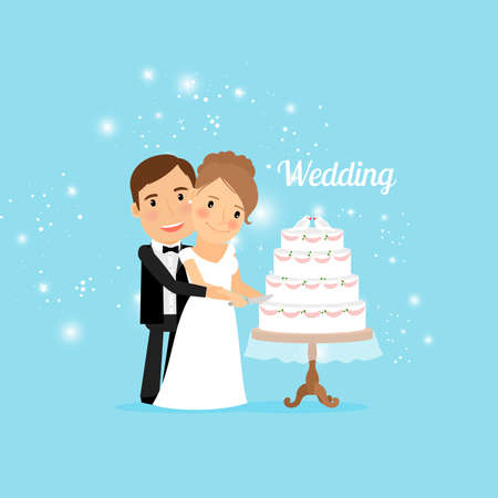 Bride and groom with wedding cake. Vector illustrationのイラスト素材