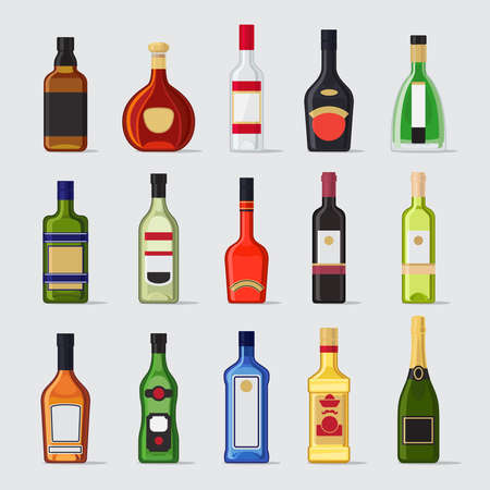 Alcohol in a bottle flat icons. Drinks bottles vector illustrationのイラスト素材