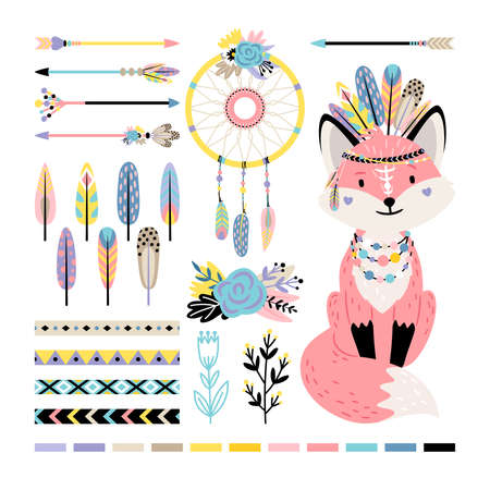 Fox with feathers and arrows. Cartoon funny mammal with cute tail, vector illustration decorations of indian elements by flowering branches and dreamcatcher isolated on white backgrのイラスト素材