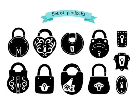 Cartoon silhouettes of antique objects for locking doors illustration of medieval locks isolated on...