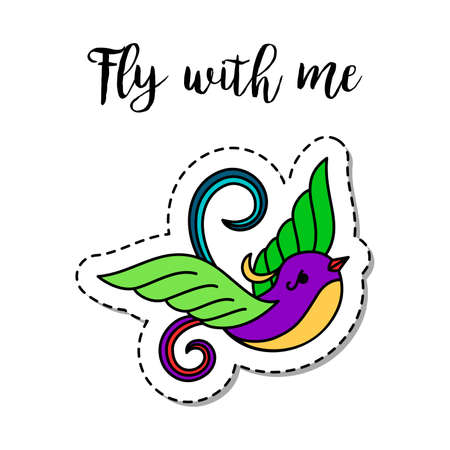 Fashion patch element with quote, Fly with me and fantasy bird vector illustrationのイラスト素材