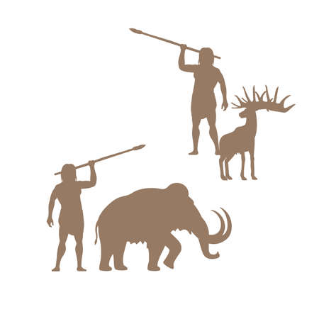 Silhouettes of ancient man and animals, mammoth and deer, isolated vector for logo designのイラスト素材