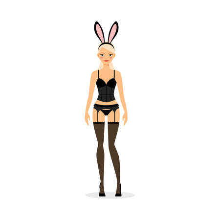 Girl in black sexy underwear and funny rabbit ears. Vector illustrationのイラスト素材