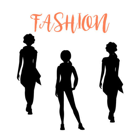 Fashion woman silhouette in different poses isolated on white background in loose clothes. Vector illustrationのイラスト素材