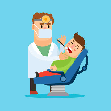 Dentist cartoon character. Stomatologist checking the teeth of his patient. Vector illustrationのイラスト素材
