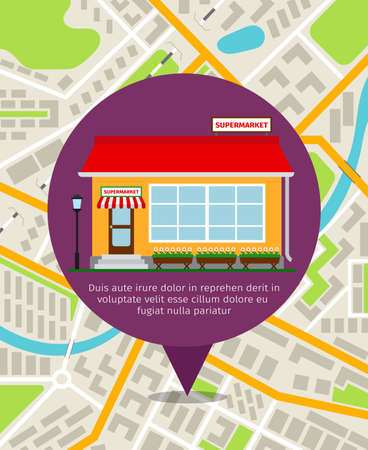 Supermarket store front pin over the city map background. Vector navigation illustrationのイラスト素材