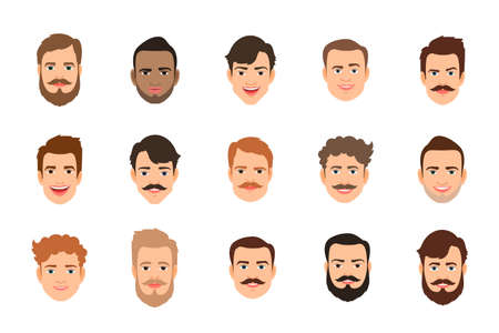 Human face set vector illustration. Male portrait or young man faces with various hairstyleのイラスト素材
