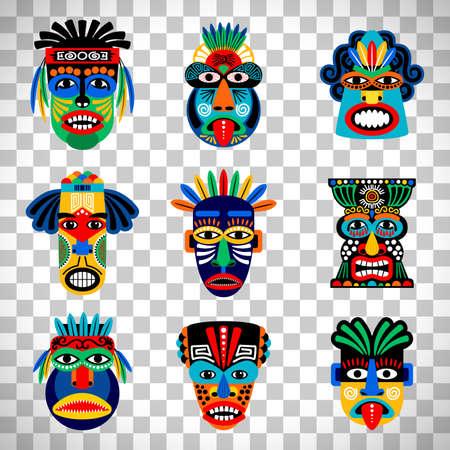 Aztec mask set on transparent backgroundのイラスト素材