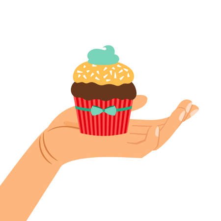 Hand holding chocolate cupcake giftのイラスト素材