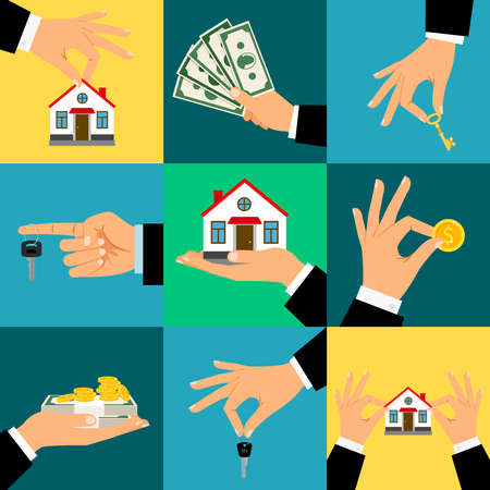 Buy House Hands vector illustration. Hand holds home or house key and moneyのイラスト素材
