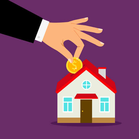 Piggy bank house concept. House bank savings, hand puts coin into home moneyboxのイラスト素材