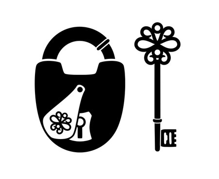 Silhouettes of antique key and padlockのイラスト素材